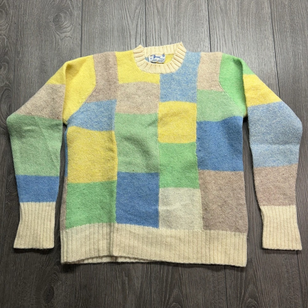 Vintage Deans of Scotland Shetland Wool Patchwork Sweater Pastel 70s Small